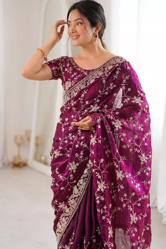 Wine tissue embridered saree with unstitched blouse piece