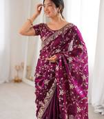 Wine tissue embridered saree with unstitched blouse piece