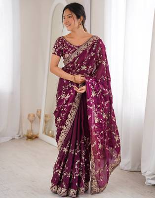 Wine tissue embridered saree with unstitched blouse piece 2