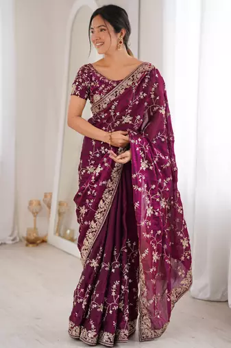 Wine tissue embridered saree with unstitched blouse piece