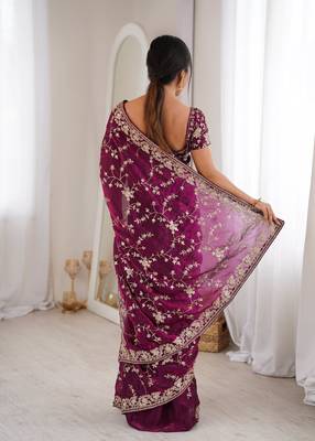 Wine tissue embridered saree with unstitched blouse piece 3