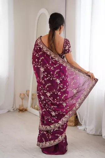 Wine tissue embridered saree with unstitched blouse piece