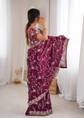 Wine tissue embridered saree with unstitched blouse piece 4