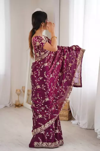 Wine tissue embridered saree with unstitched blouse piece