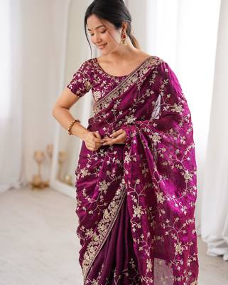 Wine tissue embridered saree with unstitched blouse piece 5