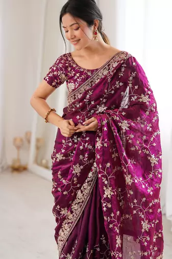 Wine tissue embridered saree with unstitched blouse piece