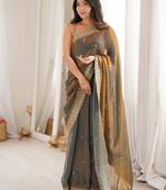 Gold tissue embridered saree with unstitched blouse piece