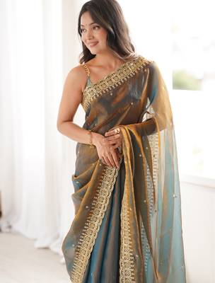 Gold tissue embridered saree with unstitched blouse piece 4