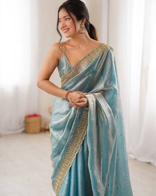 Sky blue tissue embridered saree with unstitched blouse piece 1