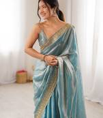Sky blue tissue embridered saree with unstitched blouse piece