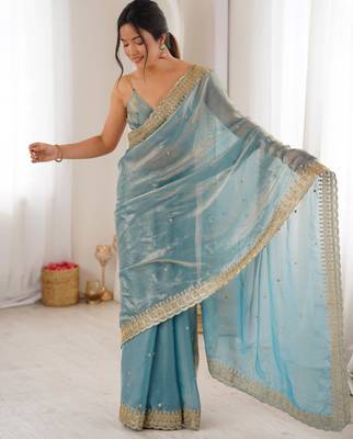 Sky blue tissue embridered saree with unstitched blouse piece 3