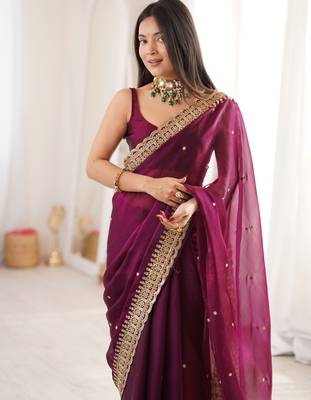 Wine tissue embridered saree with unstitched blouse piece 1