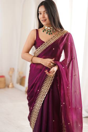 Wine tissue embridered saree with unstitched blouse piece