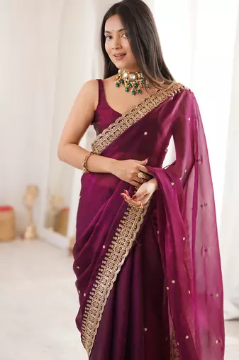 Wine tissue embridered saree with unstitched blouse piece