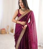 Wine tissue embridered saree with unstitched blouse piece