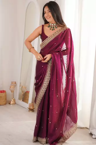 Wine tissue embridered saree with unstitched blouse piece
