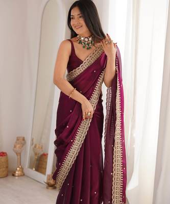 Wine tissue embridered saree with unstitched blouse piece 3