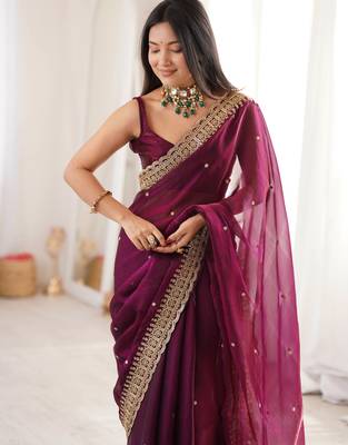 Wine tissue embridered saree with unstitched blouse piece 4