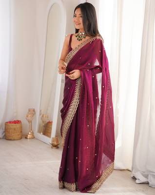 Wine tissue embridered saree with unstitched blouse piece 5