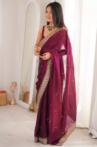 Wine tissue embridered saree with unstitched blouse piece
