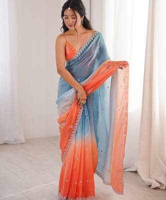 Blue & orange tissue embridered saree with unstitched blouse piece 1