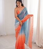 Blue & orange tissue embridered saree with unstitched blouse piece