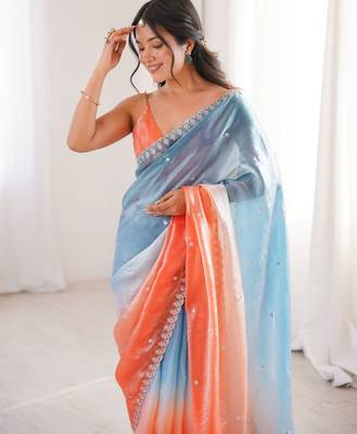 Blue & orange tissue embridered saree with unstitched blouse piece 2