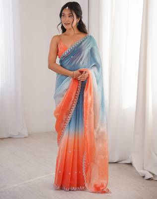 Blue & orange tissue embridered saree with unstitched blouse piece 3