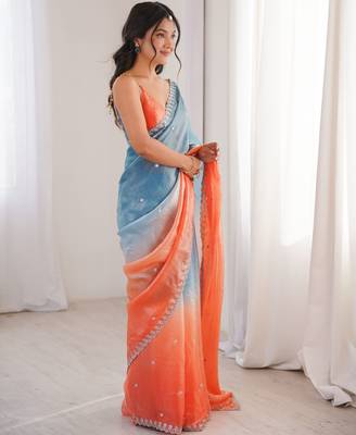 Blue & orange tissue embridered saree with unstitched blouse piece 4