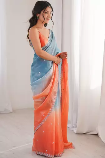 Blue & orange tissue embridered saree with unstitched blouse piece