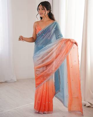 Blue & orange tissue embridered saree with unstitched blouse piece 5