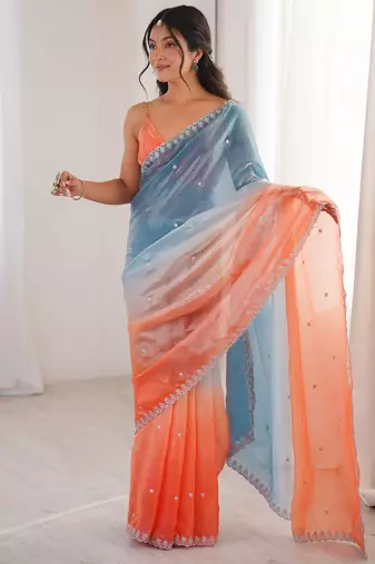 Blue & orange tissue embridered saree with unstitched blouse piece