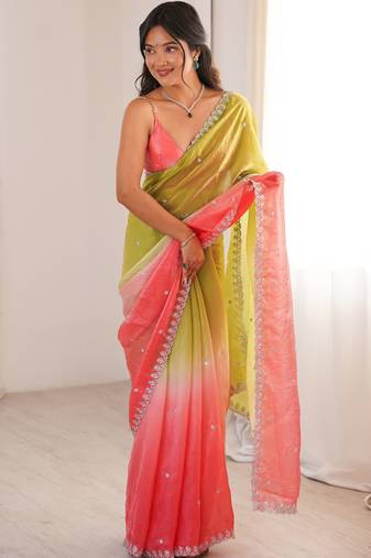 Green & gajri tissue embridered saree with unstitched blouse piece