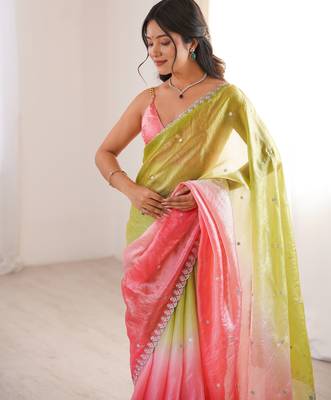 Green & gajri tissue embridered saree with unstitched blouse piece 2