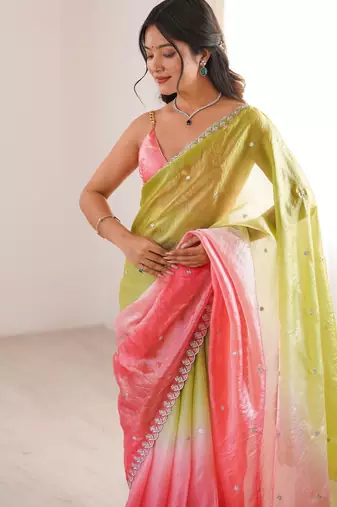 Green & gajri tissue embridered saree with unstitched blouse piece