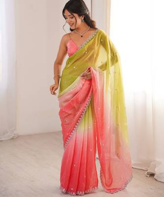 Green & gajri tissue embridered saree with unstitched blouse piece 3
