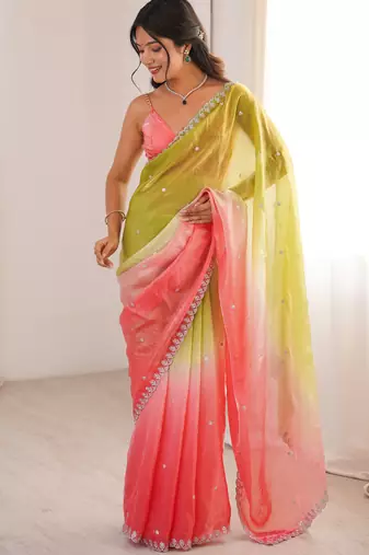 Green & gajri tissue embridered saree with unstitched blouse piece