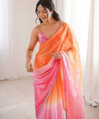 Orange & pink tissue embridered saree with unstitched blouse piece 1