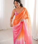 Orange & pink tissue embridered saree with unstitched blouse piece