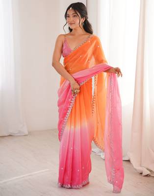Orange & pink tissue embridered saree with unstitched blouse piece 2