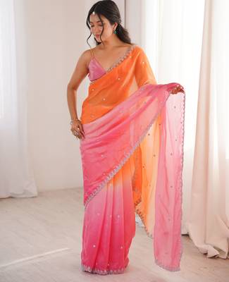 Orange & pink tissue embridered saree with unstitched blouse piece 3