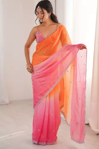 Orange & pink tissue embridered saree with unstitched blouse piece