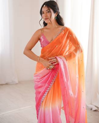 Orange & pink tissue embridered saree with unstitched blouse piece 4
