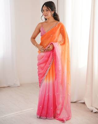 Orange & pink tissue embridered saree with unstitched blouse piece 5