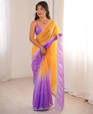 Yellow & purple tissue embridered saree with unstitched blouse piece 1