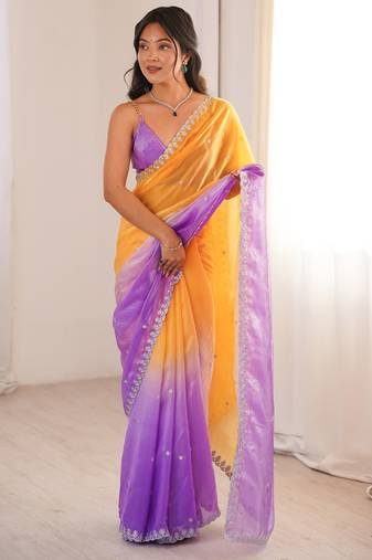 Yellow & purple tissue embridered saree with unstitched blouse piece