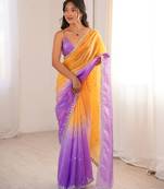 Yellow & purple tissue embridered saree with unstitched blouse piece