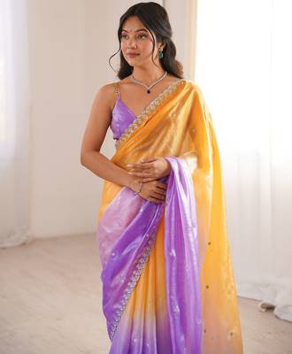 Yellow & purple tissue embridered saree with unstitched blouse piece 2