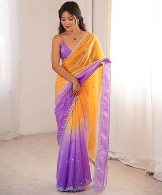Yellow & purple tissue embridered saree with unstitched blouse piece 3
