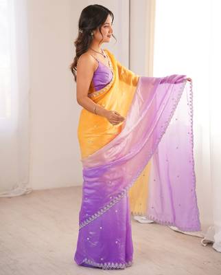 Yellow & purple tissue embridered saree with unstitched blouse piece 4